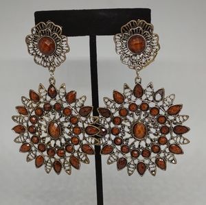 🌷‼️5/$20 Flower Burst Shape Brown Rhinestone Bead Dangle Drop Earring 3 3/4"L